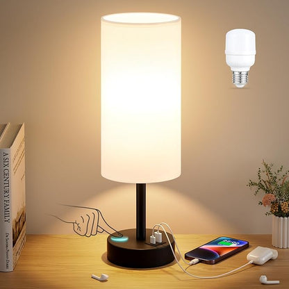 Dicoool Bedside Table Lamp for Bedroom - 3-Way Dimmable Touch Lamp, USB A+C | LED Bulb Included, 14" Small Nightstand Lamp for Desk, Living Room, Guest Room, White Fabric Lampshade, Black Metal Base