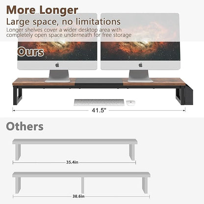 LAND·VOI Dual Monitor Stand Riser,41.5'' Long Monitor Stand for 2 Monitors, Wood Computer Riser with Pocket, Desktop Oraganizer with Pen Holder, Monitor Riser for Desk Computer,Laptop,TV, Rustic Brown