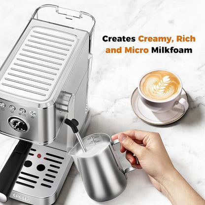 CHULUX Elite Espresso Machine for Latte, Americano and Iced Coffee, Silver | Hot and Iced Espresso, Visible Pressure Gauge, PID Temperature Control, Pre-Infusion Tech, Brushed Stainless Steel Finish