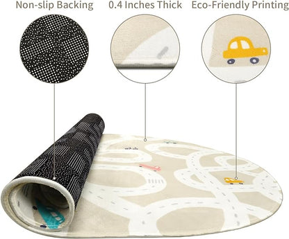 LIVEBOX 4'x6' Toy Car Rug for Kids Room, Machine Washable Area Rug, Non-Slip Road Mat for Playroom, Educational Car Playmat for Nursery, Skin-Friendly Carpet for Bedroom, School
