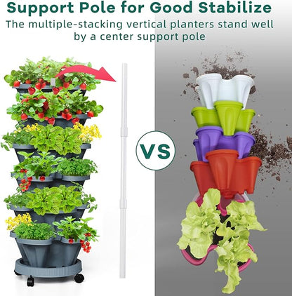 Strawberry Vertical Planters Tower Garden, 7 Tiered Stacking Herb Vegetable Planter with Support Pole Indoor and Outdoor - Dark Grey