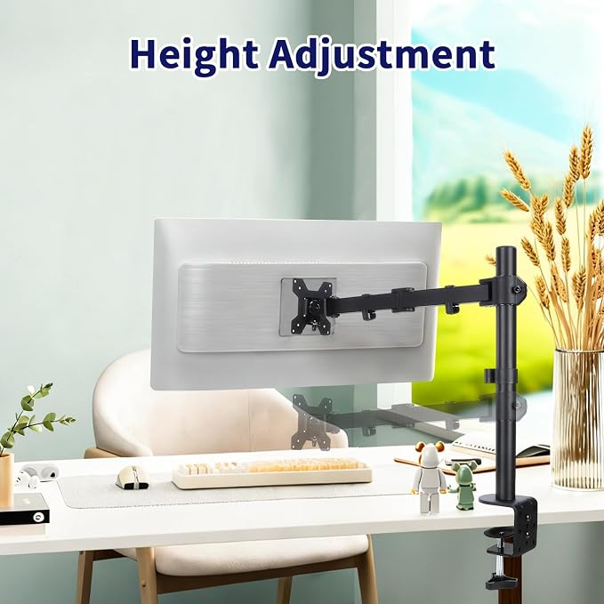 Single Monitor Arm Mount for 13-32 Inch Screen Up to 22lbs | Ultrawide Screens Up to 38 Inch Fully Adjustable Stand with C-Clamp/Grommet Base Tilt Rotation Max VESA 100x100