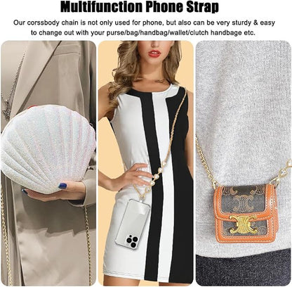 Phone Crossbody Chain Cell Phone Lanyard,Universal Leather+Metal Shouder Strap with Phone Tether Patches (E)