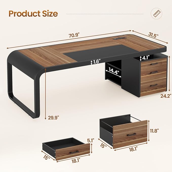 Itaar 70.9" Executive Desk, Large Computer Desk with Drawers and Lateral File Cabinet, Office Desk with Removable Shelves, Business Furniture Desk Workstation for Home Office, Walnut