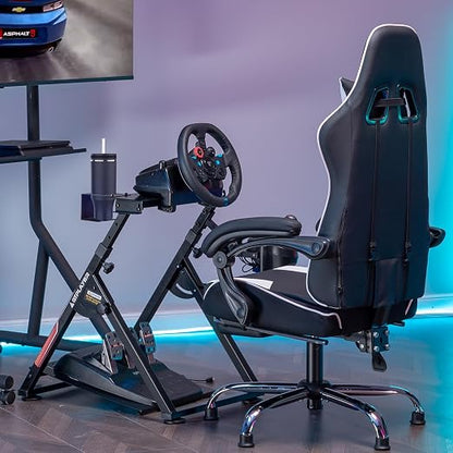 GTPLAYER Sim Racing Wheel Stand Simulator Cockpit Wheel Stand fit for Logitech G25 G27 G29 G920 G923 Thrustmaster T330TS Gaming Stand Wheel Pedals NOT Included, Deep Black With Cup Holder