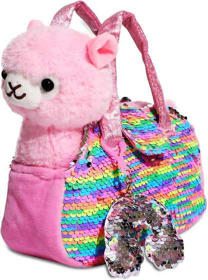 Little Jupiter Pet Plush Set with Purse w/Reversible Sequins & Charm - Stuffed Animal Toy for Kids Ages 4-7 - Stuffed Animal Purse - Stuffed Animals for Girls - (Pink Llama)