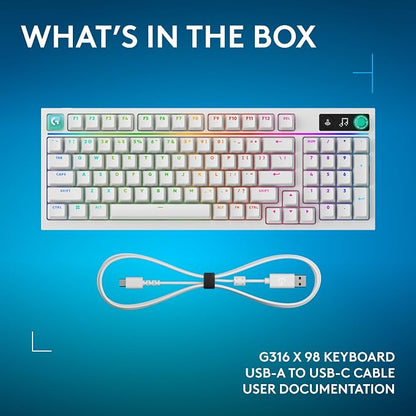 Logitech G316 X 98 MechanicalGaming Keyboard (Tactile) - White | Hot-Swappable Tactile Mechanical Switches, Gasket Design, PBT Keycaps, <8Khz, LIGHTSYNC RGB, Dot-Matxix LED Display, USB-C