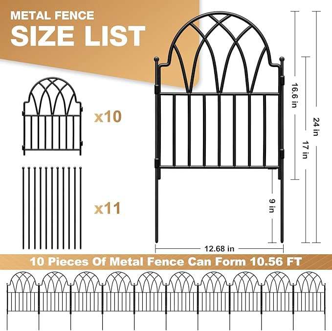 24in(H) x 10.56ft(L) Garden Fence - No Dig Metal Fence Animal Barrier Arched Wire Border Panels with Ground Stakes for Dogs Flower Beds Yard Patio Outdoor Decor
