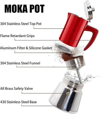 4 Cup Thickened 304 Stainless Steel Moka Pot Stovetop Espresso Maker Cafeteras Italian Percolator Espress Makers Capable Greca Mocha Coffee Machine for Induction Home and Camping 200ml 6.6oz