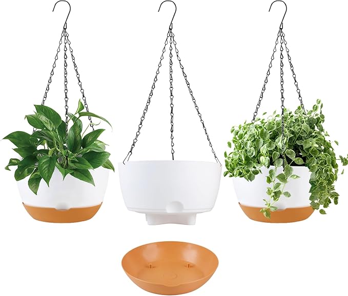10 inch Hanging Planters Self Watering Pots for Indoor Plants, 3 Pack Plastic Hanging Basket with Removable Tray for Home Garden Porch Balcony Patio Decor (White)