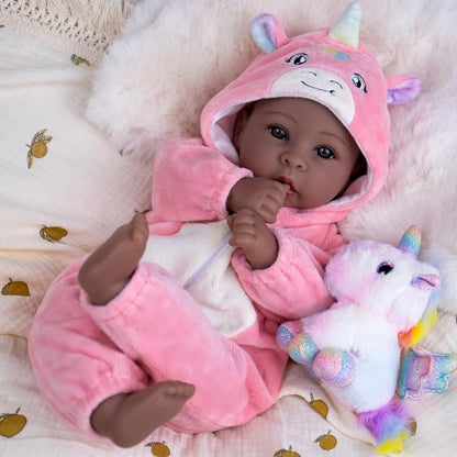 Aori 17 Inch Black Baby Dolls Realistic Black Doll with Light Weighted Soft Body & Pink Outfits for Girls 3+ | Pretend Play, Dress Up, Nursery Decor