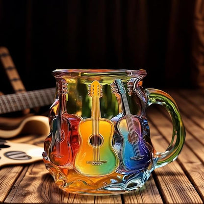 3D Guitar Art Glass Coffee Mug 12 oz – Colorful Handcrafted Cup for Coffee, Tea, Milk – Music Lover Gift – Artistic Glass Mug for Men & Women – Unique Home Décor