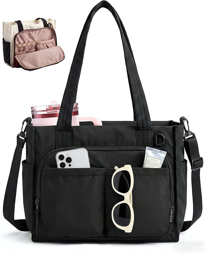 BAGSMART Small Tote Bag for Women, 13'' Laptop Canvas Work Bag with Zipper | 30oz/40oz Tumble & 11 Pockets Travel Tote, Teachers/Nurses, Lightweight Canvas or Water-Resistant Puffer Taslon Crossbody Bag