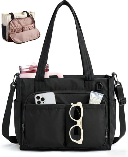 BAGSMART Small Tote Bag for Women, 13'' Laptop Canvas Work Bag with Zipper | 30oz/40oz Tumble & 11 Pockets Travel Tote, Teachers/Nurses, Lightweight Canvas or Water-Resistant Puffer Taslon Crossbody Bag