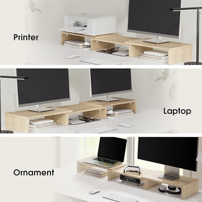FITUEYES Dual Monitor Stand Riser, Adjustable Length and Angle, Oak | Wooden 3-Shelf Design, Supports up to 55lbs, Flexible for Standard Corner Space, Holds Monitor, Laptop, Phone, Printer