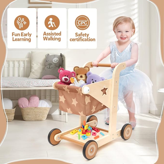 Asweets 2 in 1 Wooden Baby Walker Push and Pull Doll Stroller, Shopping Cart Learning Walker for Boys and Girls, Sit Stand Learning Toddler Toy (Brown)