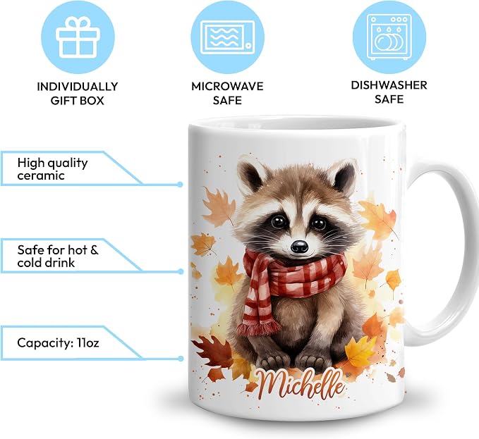 Hyturtle Personalized Fall Raccoon Maple Leaves Mug, Fall Autumn Décor | Birthday Gifts For Raccoon Lovers - Unique Autumn Gift Ideas For Thanksgiving - Custom Name 11oz White Ceramic Coffee Tea Mu