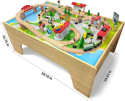 Wooden Train Set & Table for Toddlers, Reversible Activity Table with Storage Drawer, Compatible with Thomas, Birthday Gift for Kids Ages 3-7