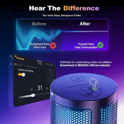 MAONO DGM20S Gaming Microphone for PC with Clear Voice & Noise Reduction | RGB Lighting, Tap-to-mute, Gain Control, Headphone Monitoring and Boom Arm for Discord Gaming, Streaming, Content Creation