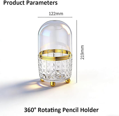GOTOBA 360° Rotating Pencil Holder for Desk, Makeup Brush Holder with 6 Slots, Desk Organizer for Writing Utensil, Office and School Supplies (Clear with cover)