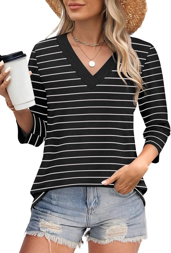 WIHOLL Womens Tops 3/4 Length Sleeve V Neck Casual Tunic Tops Basic Shirts Loose Fit Blouse