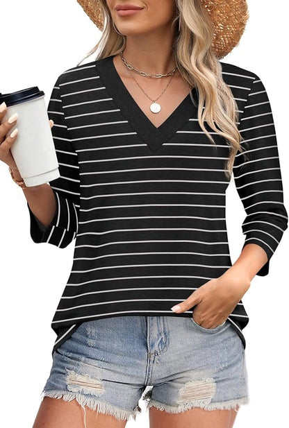 WIHOLL Womens Tops 3/4 Length Sleeve V Neck Casual Tunic Tops Basic Shirts Loose Fit Blouse