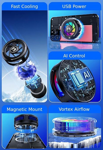 Phone Cooler for Gaming, Low Noise USB Cell Phone Cooler with Smart Temp Control, Phone Cooling Fan with RGB LED Lights, Magnetic Ring & Clip Fan for Phone Gaming & Streaming