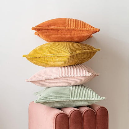 MIULEE Spring Decorative Throw Pillow Covers for Couch Bed Livingroom 16x16 Inch Set of 2 Sage Green Boho Accent Throw Pllows Broadside Striped Patchwork Soft Corduroy Pillowcases