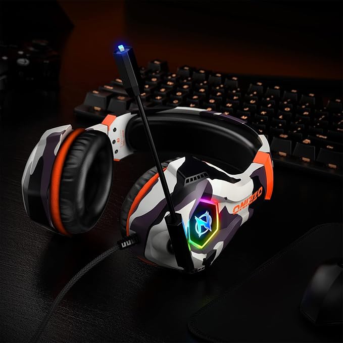 Ozeino Gaming Headset for PC, Ps4, Ps5, Xbox Headset with 7.1 Surround Sound, Gaming Headphones with Noise Cancelling Mic RGB Light Over Ear Headphones for Xbox Series X/S, Switch-Camo