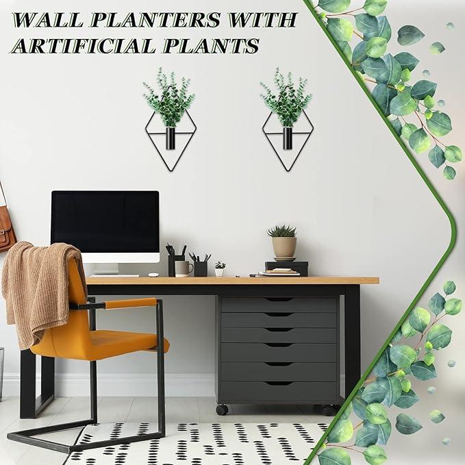 2 Pieces Wall Decor Hanging Planters with Artificial Plants Metal Hanging Vase Indoor Plants Holder Modern Boho Wall Art for Bathroom Bedroom Living Room Decor(Black,Eucalyptus)