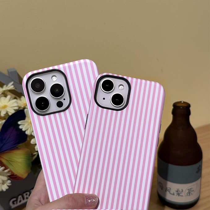 for iPhone 15 Case Striped Cute Aesthetics Phone Case Trendy Protective Shockproof Cover for iPhone 15 Pink White