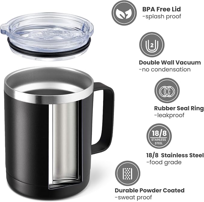 MEWAY 12oz Coffee Mug With Handle 8 Pack Bulk,Stainless Steel Insulated Travel Tumblers With Sliding Lid,Double Wall Vacuum Camping Cup for Hot & Cold Drinks Tea (Black, 8)