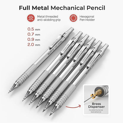 Nicpro 30PCS Silver Metal Mechanical Pencils Set in Leather Case, Art Drafting Pencil 0.5, 0.7, 0.9 mm, 2mm Lead Pencil Holder for Sketching Drawing With 16 Tube (6B 4B 2B HB 2H 4H Colors)Lead Refill