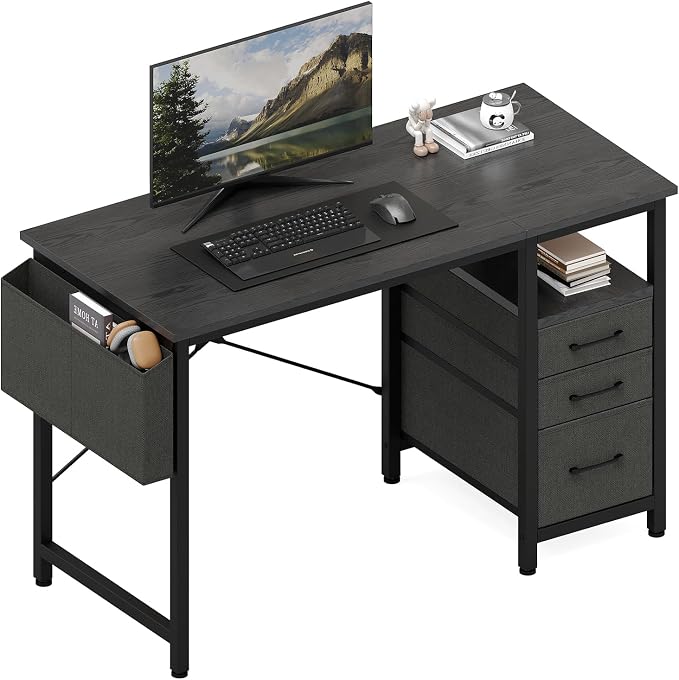 DUMOS 39 Inch Small Computer Desk with Storage, Fabric Drawers | Writing Table, Side Pocket, Space Saving Workstation, Home Office, Gaming Setup, Dorm Apartment, Black