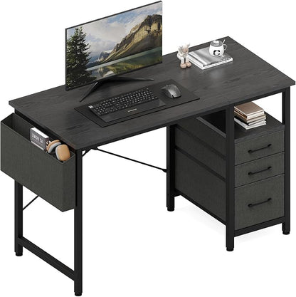 DUMOS 39 Inch Small Computer Desk with Storage, Fabric Drawers | Writing Table, Side Pocket, Space Saving Workstation, Home Office, Gaming Setup, Dorm Apartment, Black