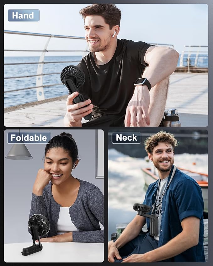EasyAcc Portable Rechargeable Cooling Fan, 5000mAh Foldable Desk Fan, Black | Up to 32 hours World Cup Match Day Essential. 180° foldable design with lanyard
