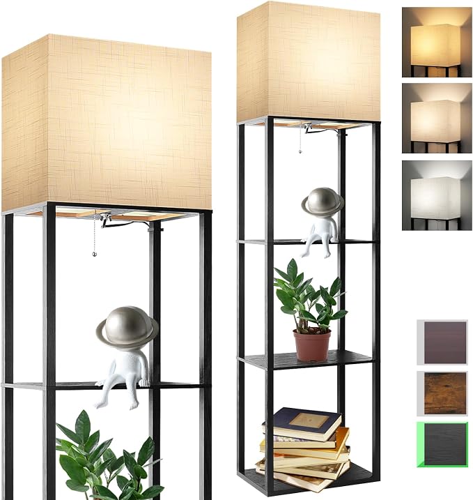 RUNTOP Plus Floor Lamp with Shelves, Shelf Lamp with 15W LED Bulb, 3 Colors, Memory Function, Wide Display Shelf for Collectibles Storge, Floor Lamps for Living Room, Standing Lamp for Bedroom