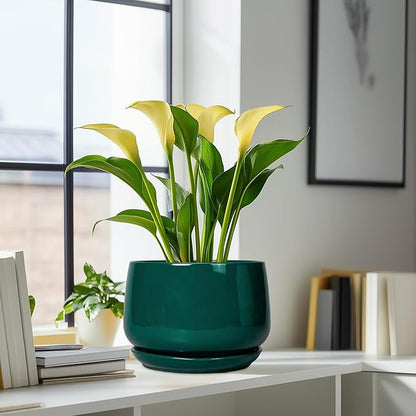 G EPGardening Ceramic Pots for Plants - 9 Inch Ceramic Planter for Indoor Plants, Round Planter with Drainage and Saucer, Modern Flower Pots for Outdoor, House Decor, Garden Gifts, Green