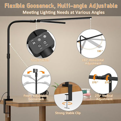 LED Desk Lamp for Home Office- 24W Double Head Desk Light with clamp, 5 Lighting Modes, 11 Brightness Levels, Adjustable Gooseneck Lamp with Timer- Black