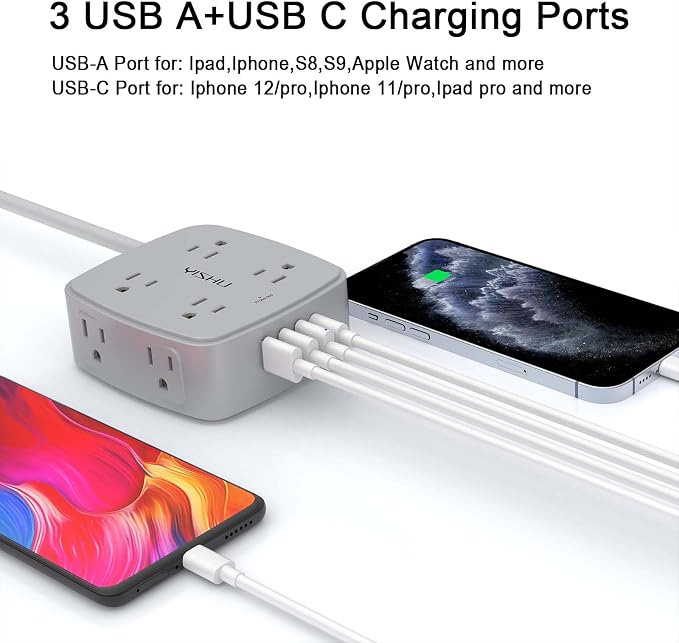 10 Ft Surge Protector Power Strip - 8 Widely Outlets with 4 USB Ports, 3 Side Outlet Extender with 10 Feet Extension Cord, Flat Plug, Wall Mount, Desk USB Charging Station, ETL, Grey