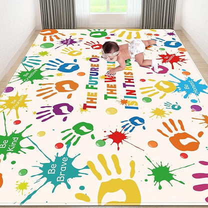 Colorful Kids Rug, Washable Rug for Kids, Handprints Area Rugs for Kids Bedroom, Non-Slip Play Mat Ultra Soft Thick Indoor Plush Rugs for Playroom Classroom Nursery Decor (9'2" X 6'7")