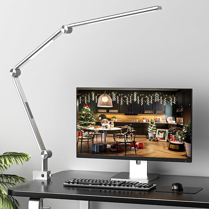 LED Desk Lamp, Desk Light for Home Office, Dual Light Source, Eye-Caring Optical Lens, 5 Color Modes & Brightness, 18W Brightest, Swing Arm Office Lamp, Clamp Lamp, Work Light, Task Light