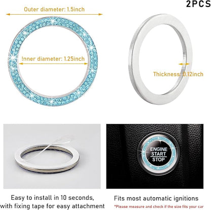 Kewucn 2 PCS Bling Crystal Double Rhinestone Car Engine Start Decoration Ring, Sparkling Push Start Button Sticker, Key Ignition & Knob Ring Decoration, Bling Car Interior Accessory(Lake Blue)