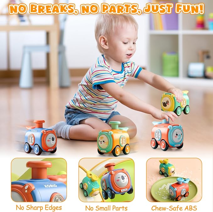 Keamaidy Baby Train Car Toys for Toddler 1-3, 4PCS Press to Go Push Car, Infant Play Whistle Vehicle Toy Set for 12-18 Months, 1st Birthday Christmas Easter Gifts for 1-2 Years Old Boys