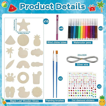 gisgfim 16 Pack Beach Wind Chime Crafts Kits for Kids Make Your Own Luau Hawaii Beach Fruit Wind Chime Wooden DIY Arts and Crafts for Summer Party School Classroom Decoration Supplies Birthday Favors