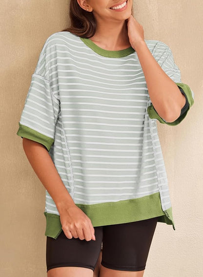 SHEWIN Womens Tops Casual Short Sleeve Sweatshirt Crewneck Striped Shirt Pullover T Shirts Loose Blouses