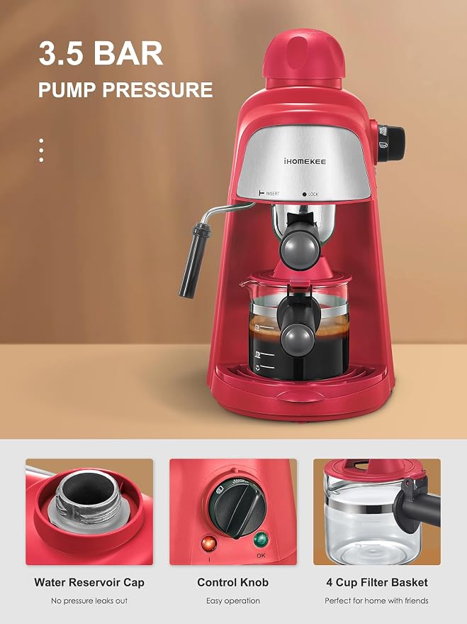 Ihomekee Espresso Machine, 3.5Bar Espresso and Cappuccino Machine | Preheating Function, 4 Cup Coffee Maker with Milk Frothing Function and Steam Wand (Red)