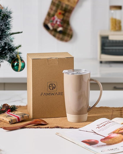 famiware Milkyway Coffee Mugs, 20oz Large Coffee Mug, Ceramic Mug Set of 2 with Lid, Cup Set with Handle for Latte, Tea, Cocoa, Milk, Home & Office, White and Cinnamon Brown