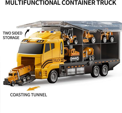 TEMI Construction Truck Set with Play Mat, Carrier Truck Toys for Kids Toddlers, Die-Cast Metal Toy Car Set, Christmas Birthday Gift for Age 3 4 5 6 + Years Old Boys Girls