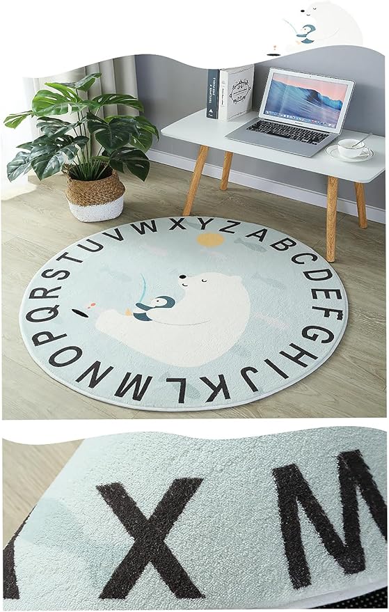 ABC Round Rug for Kids Warm and Soft Alphabet Nursery Animal Area Rugs Fun Rugs for Play Rooms Non-Slip Mats Crawling Mats Decorative Rugs for Bedrooms Living Rooms (Polar bear, 78in)